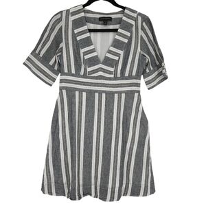 Banana Republic Dress Linen Shabby Chic Stripe Short Sleeve Deep VNeck Petite 2P